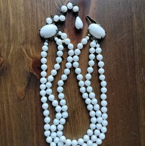Vintage Japan White Bead Three Strand  Necklace